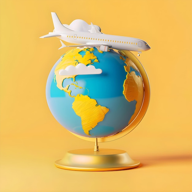 A globe with an airplane clouds world tour 3D illustration