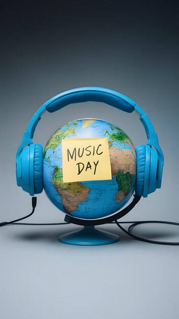 Photo globe with blue headphones sticky note reads music day gray background vertical mobile wallpape