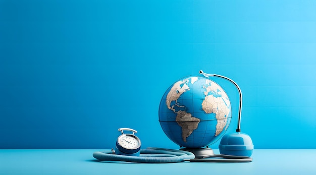 Photo a globe with a clock on the top of it and a blue background