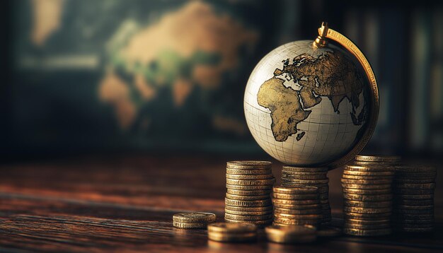 Photo a globe with a dollar bill on top of it and a pile of coins on top of it