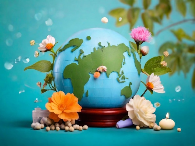 a globe with flowers and a globe on a table