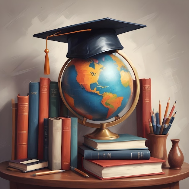 a globe with a globe on it and books on a table