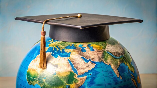 a globe with a globe on it and a graduation cap on it