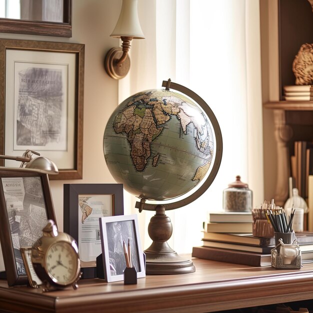 Photo a globe with a globe on it sits on a desk with other items