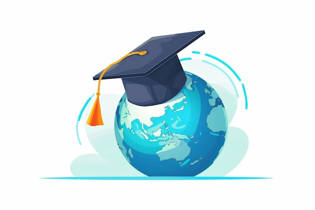 Globe with graduation cap Distance education Concept of global business study abroad educational vector illustration on white background