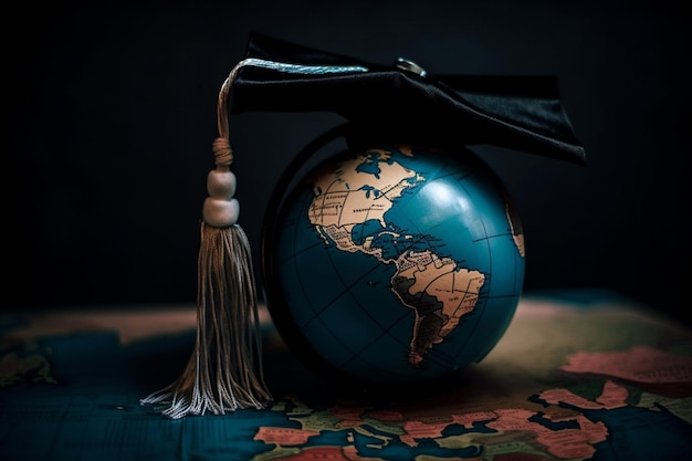 A globe with a graduation cap and a graduation cap on top of it.