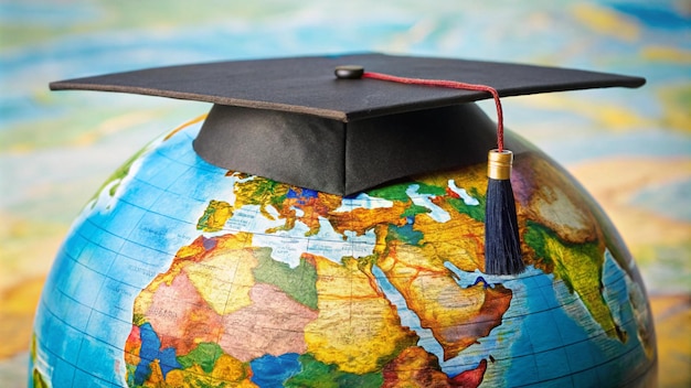 Photo a globe with a graduation cap on it and a globe with the words graduation cap on it