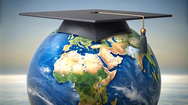 a globe with a graduation cap on it and the world around it