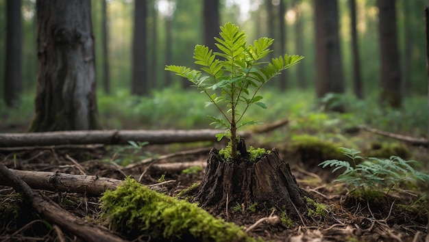 A globe with green leaves growing out of it sits in the dirt