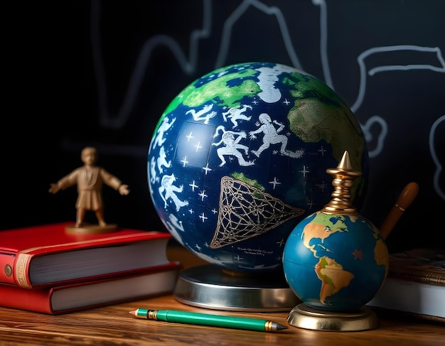 a globe with a green pencil and a green pencil on top of it