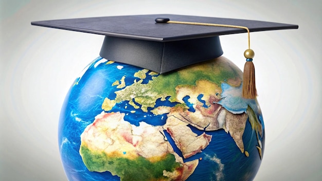 a globe with a hand holding a graduation cap and a graduation cap