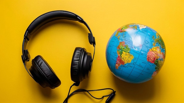 a globe with headphones and a globe on it is on a yellow background