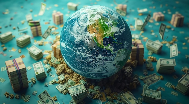 a globe with money and a pile of money on it