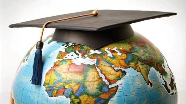 Photo a globe with a person holding a graduation cap and a graduation cap