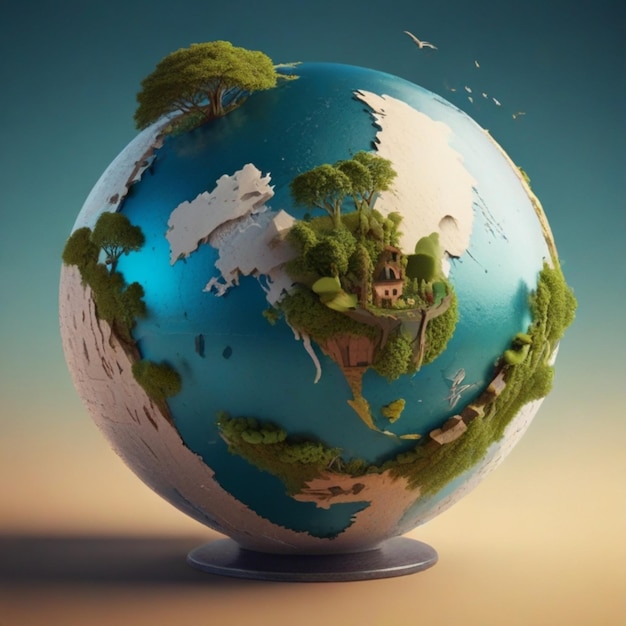 a globe with a picture of a house and trees on it