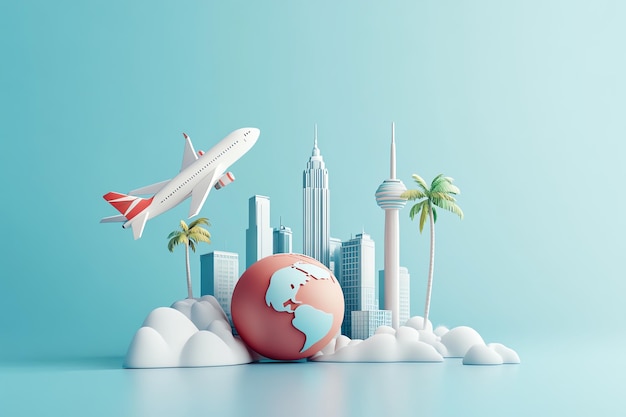 Photo a globe with a plane and a globe with a city in the background