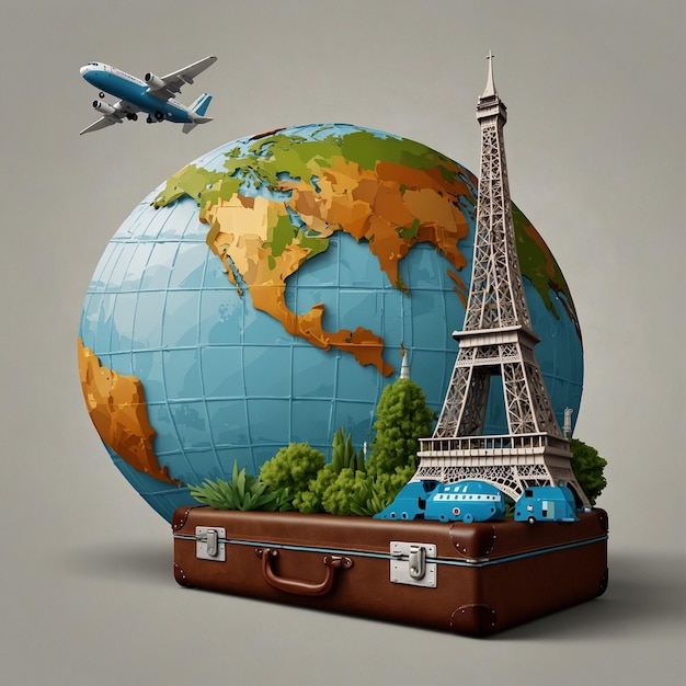 Photo a globe with a plane on the top of it and a suitcase on the table