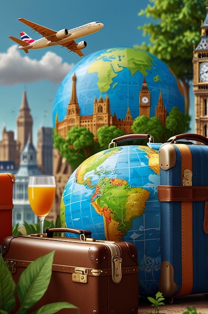 Photo a globe with a plane on the top of it and a suitcase on the table