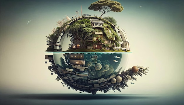 A globe with a planet and a house on it