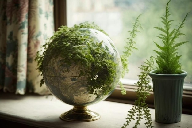 A globe with plant growing representing the idea of tree plantation eco friendly environment