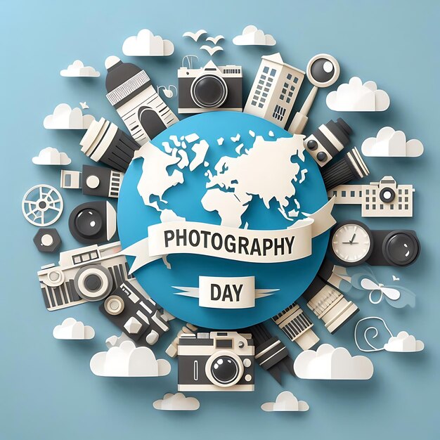 a globe with a ribbon around it and the words photography day in the middle