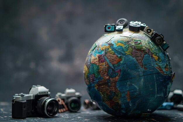 Globe with Vintage Cameras and a Blurred Background