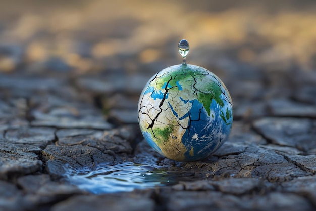 Photo a globe with water dripping from it and the earth is reflecting the water