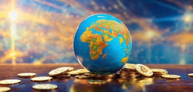 Photo a globe with a world on it and coins around it