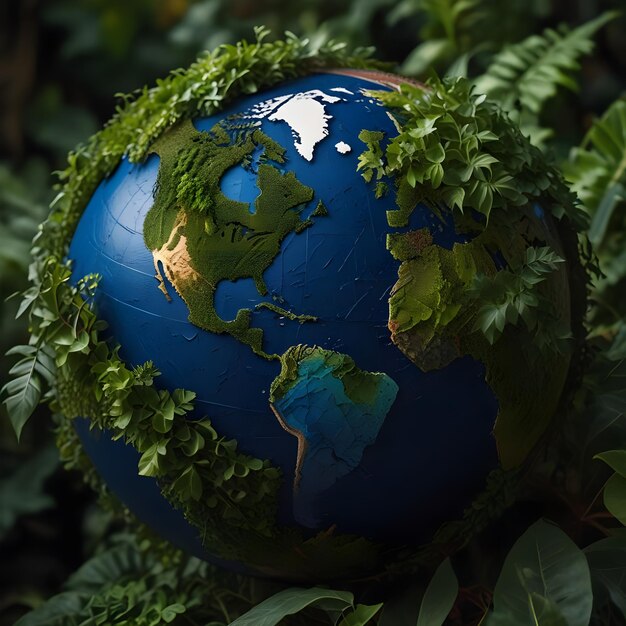 a globe with the world on it and the leaves around it