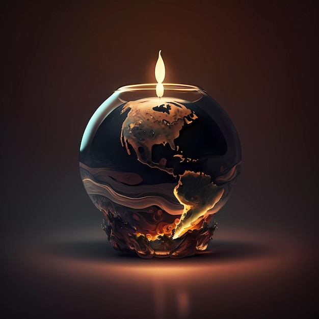 A globe with a world map in the middle and a burning flame in the middle