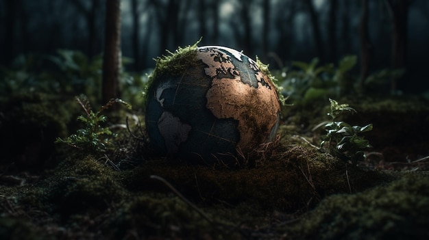 A globe in the woods with the world on it