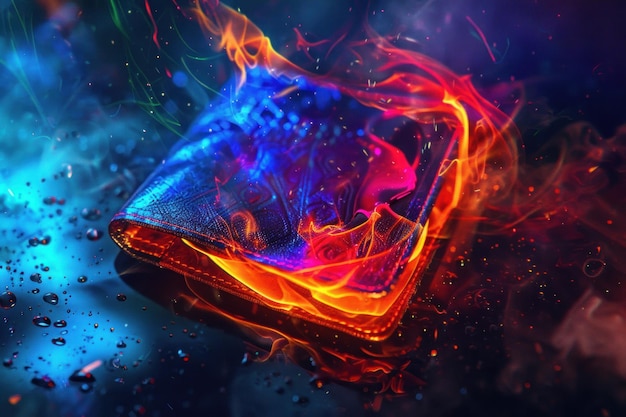 In the gloom a wallet ignites colorful digital flames reflecting a troubled journey