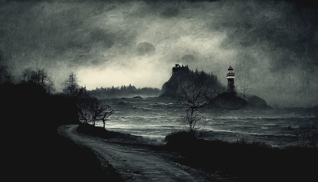 Gloomy atmospheric dark realistic landscape Mystic horror spooky dramatic scene 3D illustration