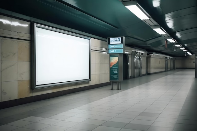 Gloomy and atmospheric subway station with a lonely TV screen or board mockup on the wall