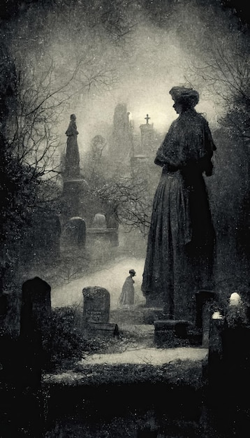 Gloomy dark mystic spooky landscape old Victorian photo style Ghosts in abandoned church ruins