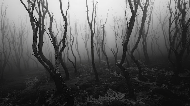 Photo a gloomy forest with bare trees and fog creating a haunting atmosphere