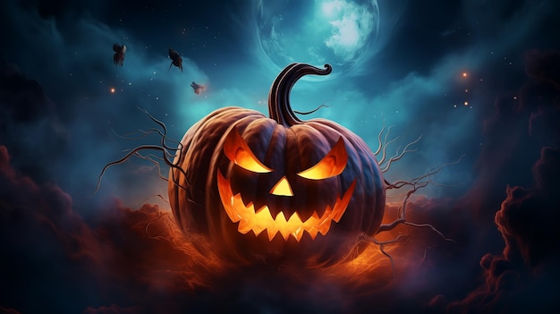 Gloomy Halloween background with spooky pumpkins spooky Halloween haunted mansion Evil house at nigh