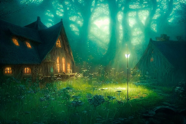 A gloomy image of a house in a mystical forest