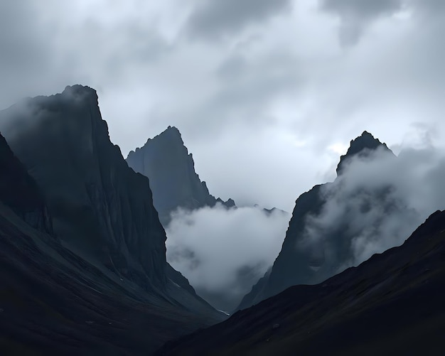 Photo a gloomy mountainous area with towering black rocks grey sky background