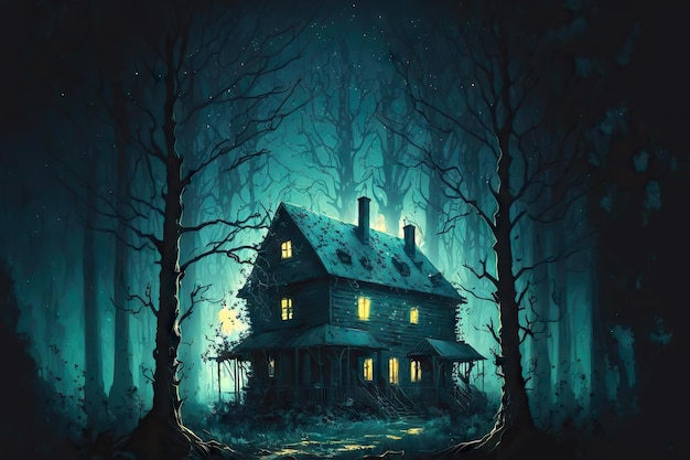 Gloomy mysterious abandoned house among trees at night