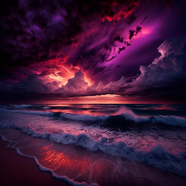 Gloomy purple sunset on the beach