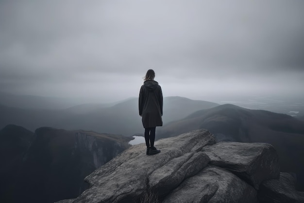 Gloomy shot of a young woman standing on the precipice of a mountain generative AI