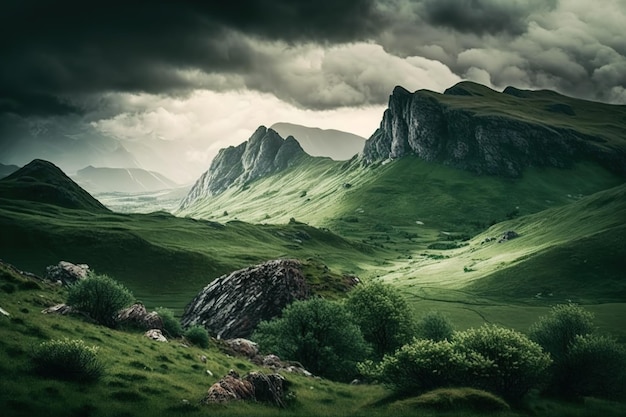 Under a gloomy sky a landscape of rolling green hills and craggy mountains can be seen