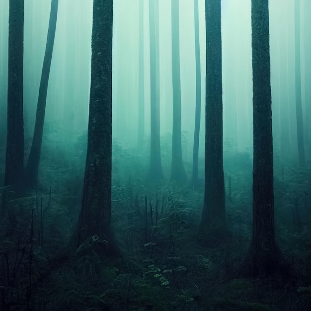 Gloomy spooky foggy dark forest landscape Mysterious horror forest background 3D illustration