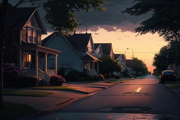 Gloomy Suburban Street at Summer Evening AI