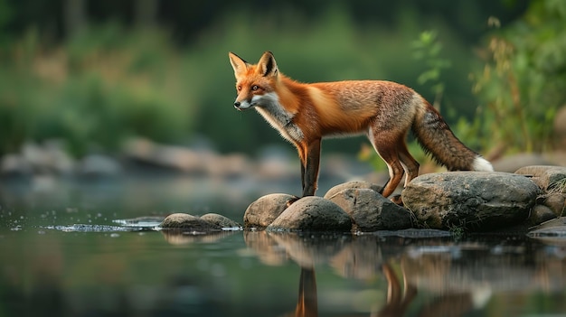 Glorious Beautiful red fox standing on a few stones over the water surface