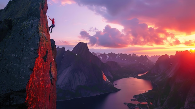 Glorious Four climbers stand on snowy ridge and watch the sunset