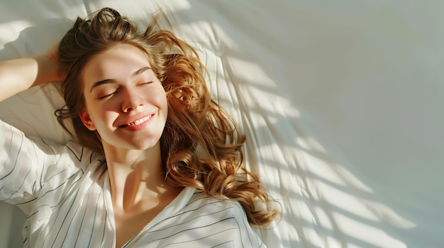 Photo glorious morning beautiful young woman enjoying sunshine in bed