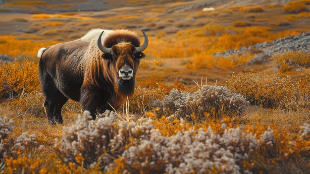 Glorious Musk ox on a pasture in the wild