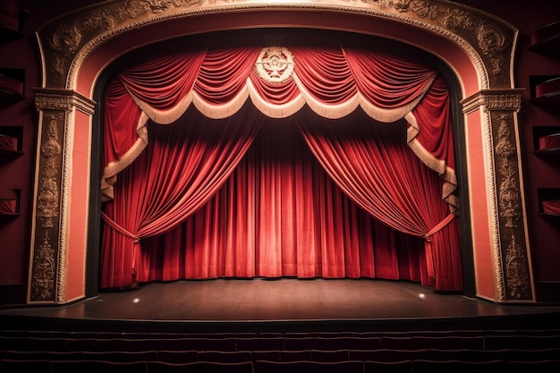 Glorious red curtain above empty theatre stage generative ai